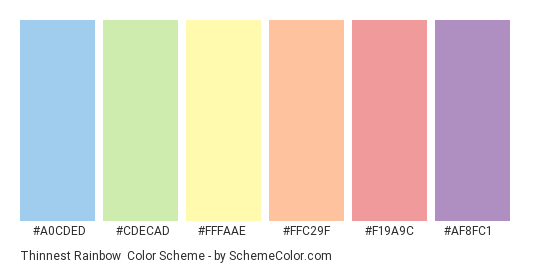 Thinnest Rainbow - Color scheme palette thumbnail - #A0CDED #CDECAD #FFFAAE #FFC29F #F19A9C #AF8FC1 