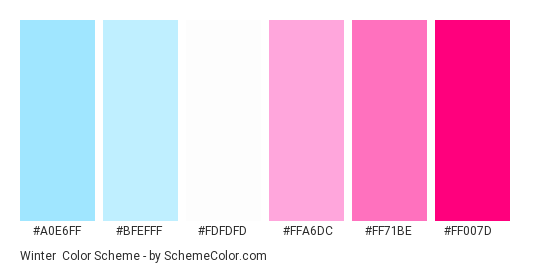 Winter - Color scheme palette thumbnail - #A0E6FF #bfefff #fdfdfd #ffa6dc #ff71be #ff007d 