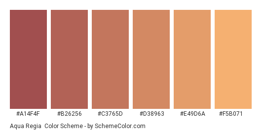 Aqua Regia - Color scheme palette thumbnail - #A14F4F #B26256 #C3765D #D38963 #E49D6A #F5B071 