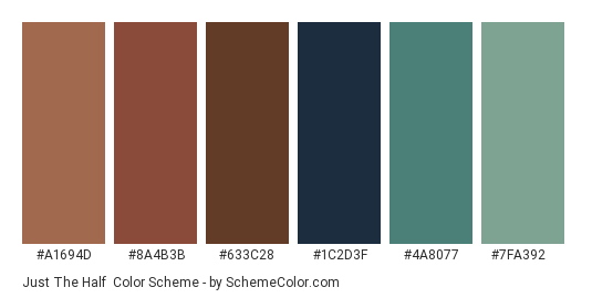 Just the Half - Color scheme palette thumbnail - #A1694D #8A4B3B #633C28 #1c2d3f #4a8077 #7fa392 