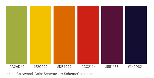 Indian Bollywood - Color scheme palette thumbnail - #A2AD40 #F2C200 #DB6900 #CC2114 #551138 #140D32 