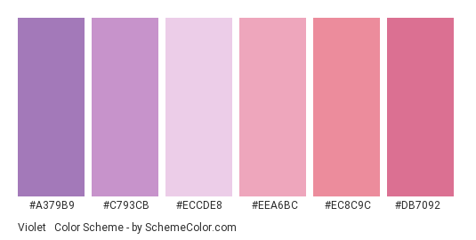 Violet & Reds Pastel - Color scheme palette thumbnail - #A379B9 #C793CB #ECCDE8 #EEA6BC #EC8C9C #DB7092 