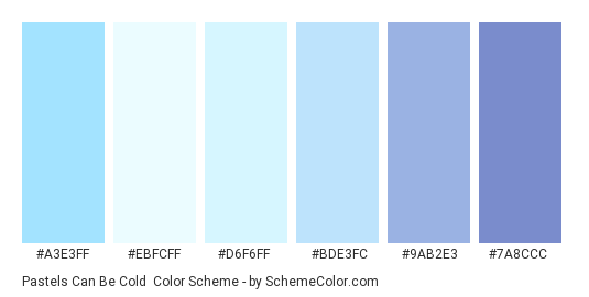Pastels can be Cold - Color scheme palette thumbnail - #A3E3FF #EBFCFF #D6F6FF #BDE3FC #9AB2E3 #7A8CCC 