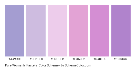 Pure Womanly Pastels - Color scheme palette thumbnail - #A49DD1 #CEBCE0 #EDCCEB #E3A3D5 #D48ED3 #B083CC 