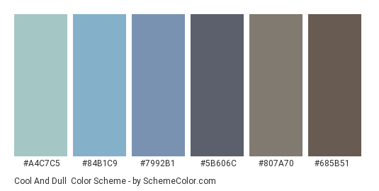 Cool and Dull - Color scheme palette thumbnail - #A4C7C5 #84B1C9 #7992B1 #5B606C #807A70 #685B51 