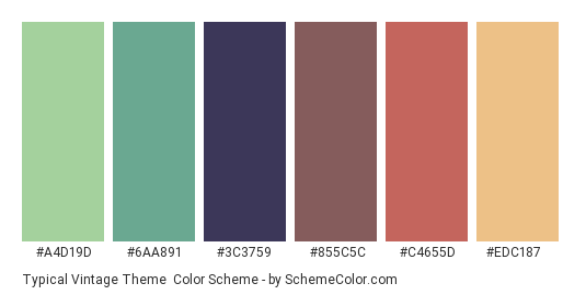 Typical Vintage Theme - Color scheme palette thumbnail - #A4D19D #6AA891 #3C3759 #855C5C #C4655D #EDC187 