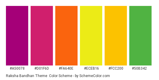 Raksha Bandhan Theme - Color scheme palette thumbnail - #A50078 #D01F6D #FA640E #ECEB16 #FCC200 #50B342 