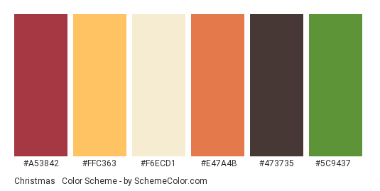 Christmas & New Year - Color scheme palette thumbnail - #A53842 #FFC363 #F6ECD1 #E47A4B #473735 #5C9437 