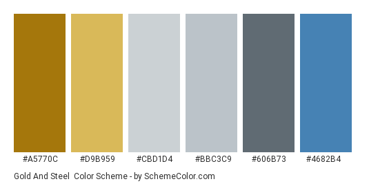 Gold and Steel - Color scheme palette thumbnail - #A5770C #D9B959 #CBD1D4 #BBC3C9 #606B73 #4682B4 
