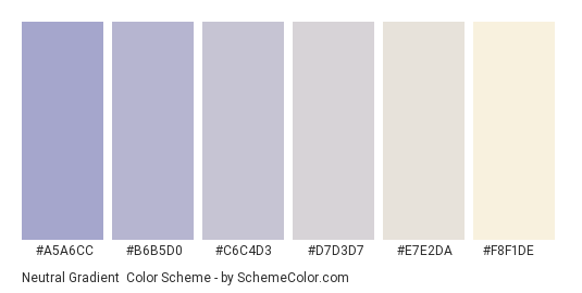 Neutral Gradient - Color scheme palette thumbnail - #A5A6CC #B6B5D0 #C6C4D3 #D7D3D7 #E7E2DA #F8F1DE 