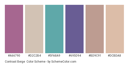 Contrast Beige - Color scheme palette thumbnail - #A66790 #D2C2B4 #5FA8A9 #695D94 #BD9C91 #DCBDA8 