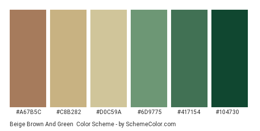 Beige Brown and Green - Color scheme palette thumbnail - #A67B5C #C8B282 #D0C59A #6D9775 #417154 #104730 