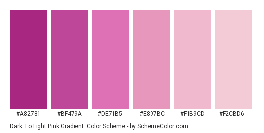Dark to Light Pink Gradient - Color scheme palette thumbnail - #A82781 #BF479A #DE71B5 #E897BC #F1B9CD #f2cbd6 