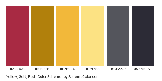 Yellow, Gold, Red & Black - Color scheme palette thumbnail - #A82A43 #B1800C #F2B83A #FCE283 #54555C #2C2B36 