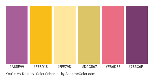 You’re My Destiny - Color scheme palette thumbnail - #A85E99 #F8BD18 #FFE79D #DCC567 #EB6D83 #783C6F 