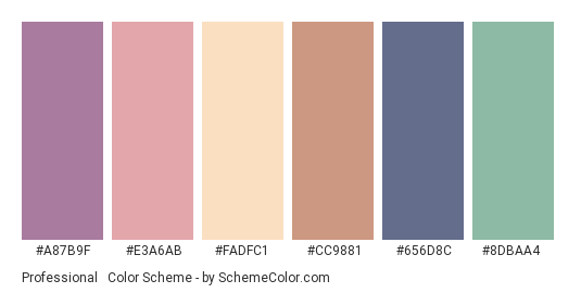 Professional & Classic - Color scheme palette thumbnail - #A87B9F #E3A6AB #FADFC1 #CC9881 #656D8C #8DBAA4 