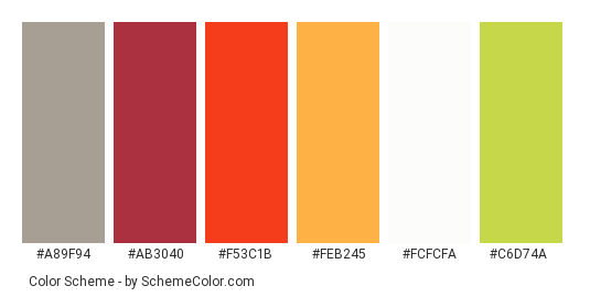 Fruit Bowl - Color scheme palette thumbnail - #A89F94 #AB3040 #F53C1B #FEB245 #FCFCFA #C6D74A 