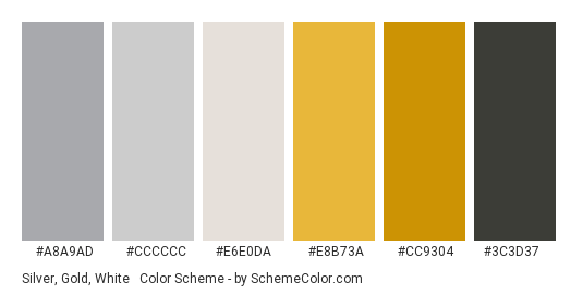 Silver, Gold, White & Black - Color scheme palette thumbnail - #A8A9AD #CCCCCC #E6E0DA #E8B73A #CC9304 #3C3D37 