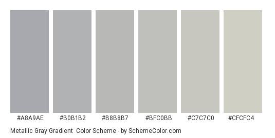 Metallic Gray Gradient - Color scheme palette thumbnail - #A8A9AE #B0B1B2 #B8B8B7 #BFC0BB #C7C7C0 #CFCFC4 
