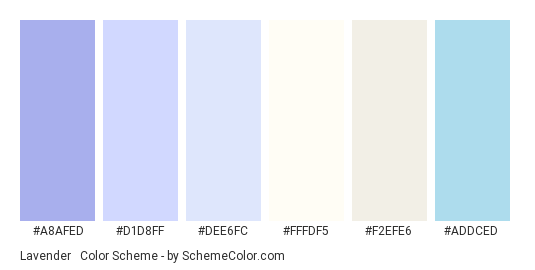 Lavender & Blue Pastels - Color scheme palette thumbnail - #A8AFED #D1D8FF #DEE6FC #FFFDF5 #F2EFE6 #ADDCED 