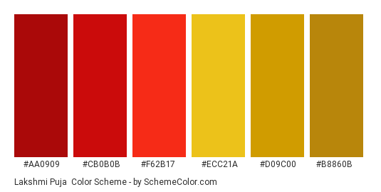 Lakshmi Puja - Color scheme palette thumbnail - #AA0909 #CB0B0B #F62B17 #ECC21A #D09C00 #B8860B 