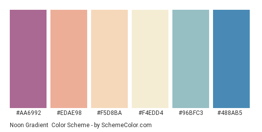 Noon Gradient - Color scheme palette thumbnail - #AA6992 #EDAE98 #F5D8BA #F4EDD4 #96BFC3 #488AB5 