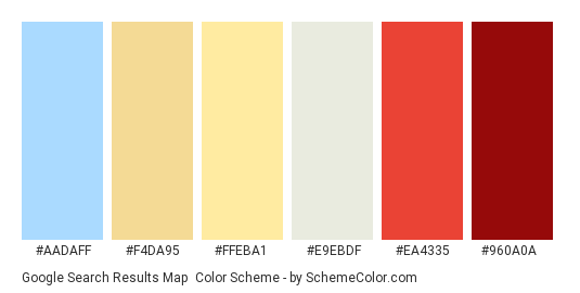 Google Search Results Map - Color scheme palette thumbnail - #AADAFF #F4DA95 #FFEBA1 #E9EBDF #EA4335 #960A0A 