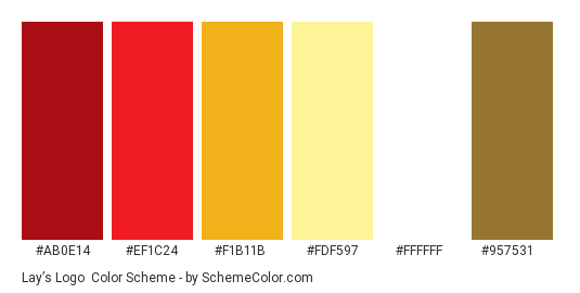 Lay’s Logo - Color scheme palette thumbnail - #AB0E14 #EF1C24 #F1B11B #FDF597 #FFFFFF #957531 