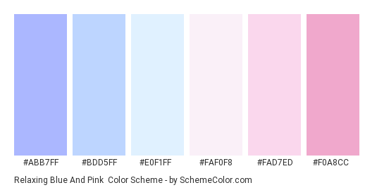 Relaxing Blue and Pink - Color scheme palette thumbnail - #ABB7FF #BDD5FF #E0F1FF #FAF0F8 #FAD7ED #F0A8CC 