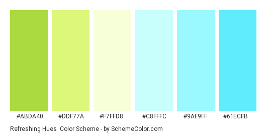 Refreshing Hues - Color scheme palette thumbnail - #ABDA40 #DDF77A #F7FFD8 #C8FFFC #9AF9FF #61ECFB 