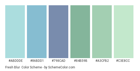 Fresh Blur - Color scheme palette thumbnail - #ABDDDE #86BDD1 #798CAD #84B59B #A3CFB2 #C3E8CC 