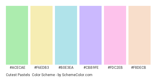 Cutest Pastels - Color scheme palette thumbnail - #ACECAE #F6EDB3 #B0E3EA #CBB9FE #FDC2EB #F8DECB 