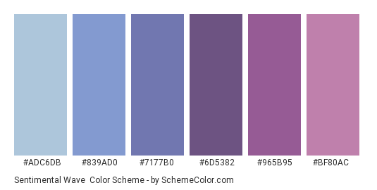 Sentimental Wave - Color scheme palette thumbnail - #ADC6DB #839AD0 #7177B0 #6D5382 #965B95 #BF80AC 