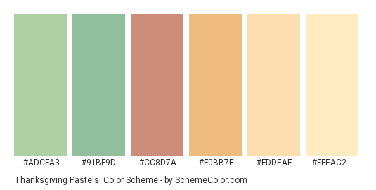 Thanksgiving Pastels - Color scheme palette thumbnail - #ADCFA3 #91BF9D #CC8D7A #F0BB7F #FDDEAF #FFEAC2 