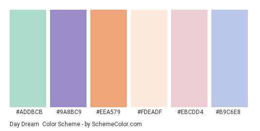 Day Dream - Color scheme palette thumbnail - #ADDBCB #9A8BC9 #EEA579 #FDEADF #EBCDD4 #B9C6E8 
