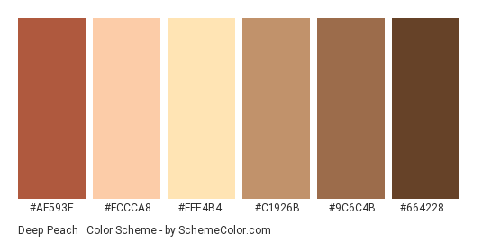 Deep Peach & Brown - Color scheme palette thumbnail - #AF593E #FCCCA8 #FFE4B4 #C1926B #9C6C4B #664228 