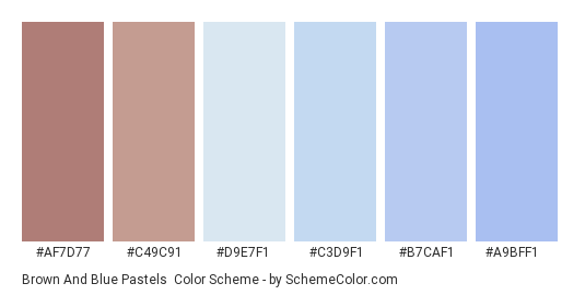 Brown and Blue Pastels - Color scheme palette thumbnail - #AF7D77 #C49C91 #D9E7F1 #C3D9F1 #B7CAF1 #A9BFF1 