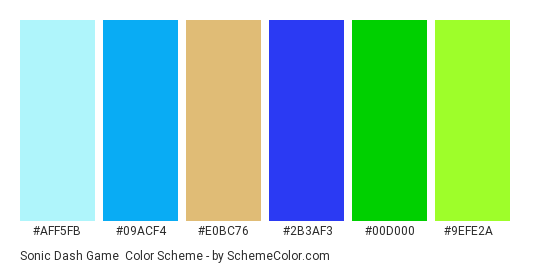 Sonic Dash Game - Color scheme palette thumbnail - #AFF5FB #09ACF4 #E0BC76 #2B3AF3 #00D000 #9EFE2A 