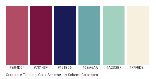 Corporate Training - Color scheme palette thumbnail - #B04D64 #78143F #191B56 #6BA6AA #A2D2BF #F7F0DE 