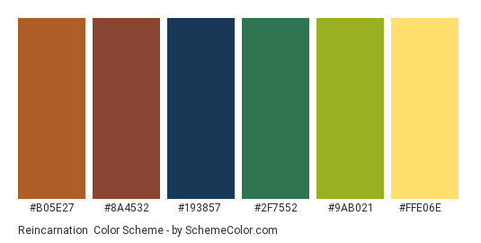 Reincarnation - Color scheme palette thumbnail - #B05E27 #8A4532 #193857 #2F7552 #9AB021 #FFE06E 