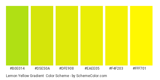 Lemon Yellow Gradient - Color scheme palette thumbnail - #B0E014 #D5E50A #DFE908 #EAEE05 #F4F203 #FFF701 
