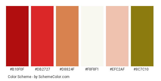 Famous Traditional Dance - Color scheme palette thumbnail - #B10F0F #DB2727 #D8824F #F8F8F1 #EFC2AF #8C7C10 
