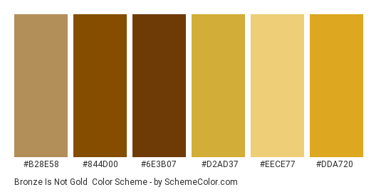 Bronze is not Gold - Color scheme palette thumbnail - #B28E58 #844D00 #6E3B07 #D2AD37 #EECE77 #DDA720 