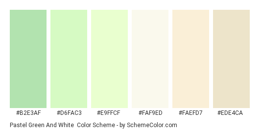 Pastel Green and White - Color scheme palette thumbnail - #B2E3AF #D6FAC3 #E9FFCF #FAF9ED #FAEFD7 #EDE4CA 