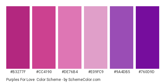 Purples for Love - Color scheme palette thumbnail - #B3277F #CC4190 #DE76B4 #E09FC9 #9A4DB5 #760D9D 