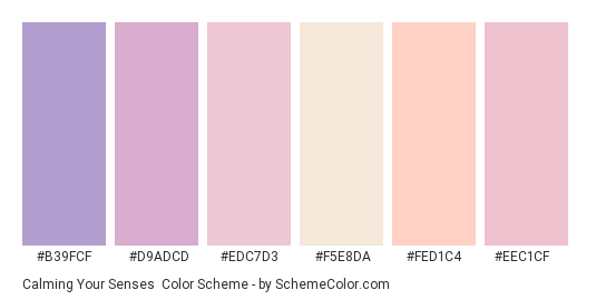 Calming Your Senses - Color scheme palette thumbnail - #B39FCF #D9ADCD #EDC7D3 #F5E8DA #FED1C4 #EEC1CF 