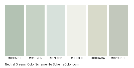 Neutral Greens - Color scheme palette thumbnail - #B3C2B3 #C6D2C5 #D7E1DB #EFF0E9 #D8DACA #C2C8BC 