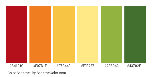 Colorful Autumn Leaves - Color scheme palette thumbnail - #B4101C #F07D1F #F7C443 #FFE987 #92B340 #43702F 
