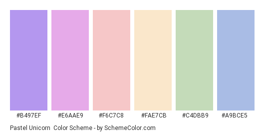 Pastel Unicorn - Color scheme palette thumbnail - #B497EF #E6AAE9 #F6C7C8 #FAE7CB #C4DBB9 #A9BCE5 