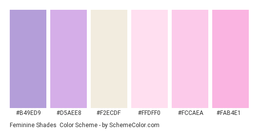 Feminine Shades - Color scheme palette thumbnail - #B49ED9 #D5AEE8 #F2ECDF #FFDFF0 #FCCAEA #FAB4E1 